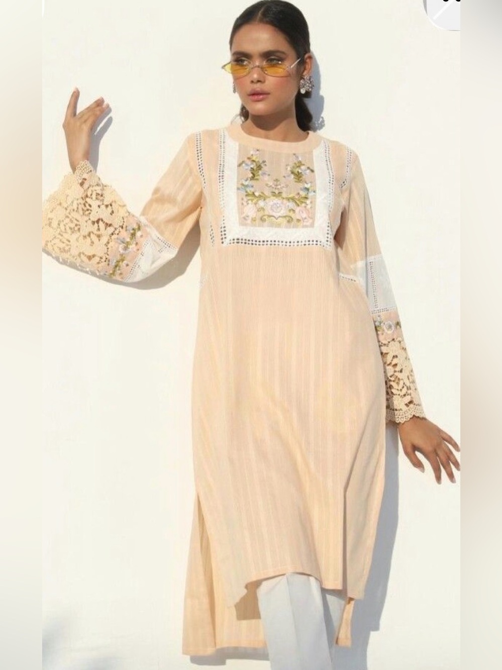 Essentials Pale Beige Embroidered Long Sleeve Tunic Dress Kurta
